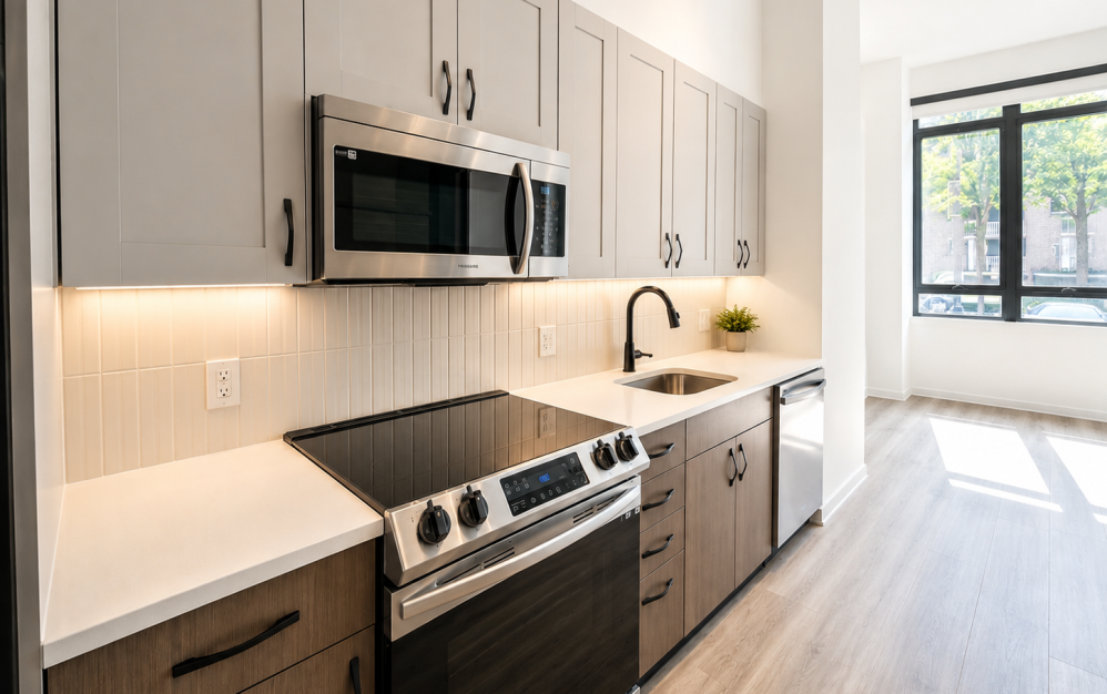 Professionally staged living room in the A1 apartment at The Iris NoMa featuring high ceilings, modern finishes, luxury furnishings, oversized windows, and an open-concept layout in Washington, DC.