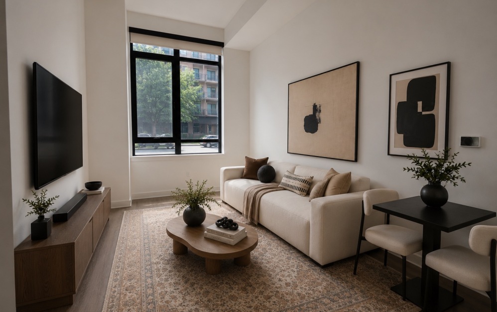 Professionally staged living room in the A1 apartment at The Iris NoMa featuring high ceilings, modern finishes, luxury furnishings, oversized windows, and an open-concept layout in Washington, DC.