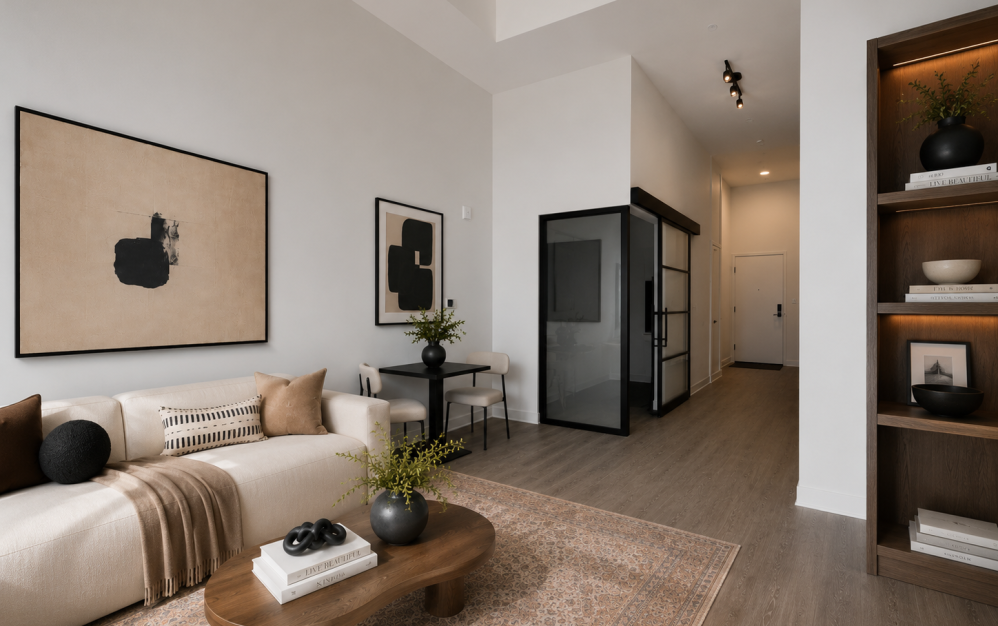 Professionally staged living room in the A1 apartment at The Iris NoMa featuring high ceilings, modern finishes, luxury furnishings, oversized windows, and an open-concept layout in Washington, DC.