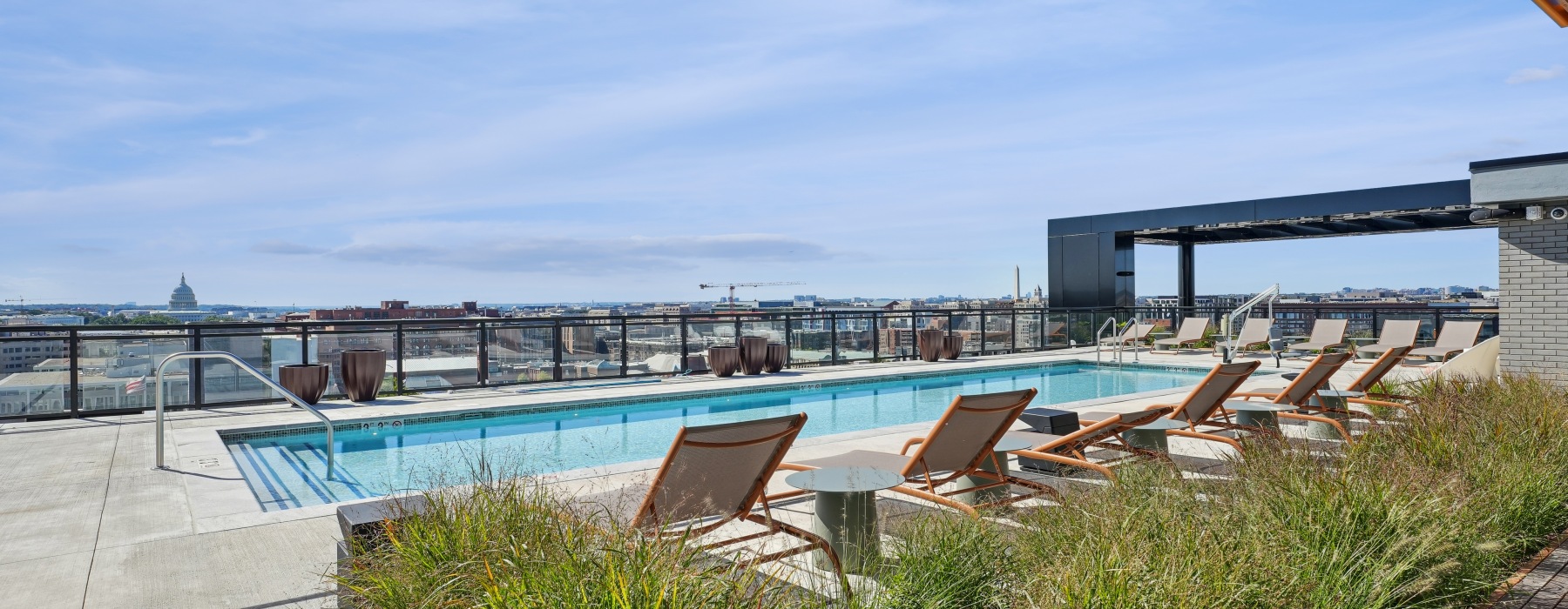 Beautiful rooftop pool with views of Washington DC